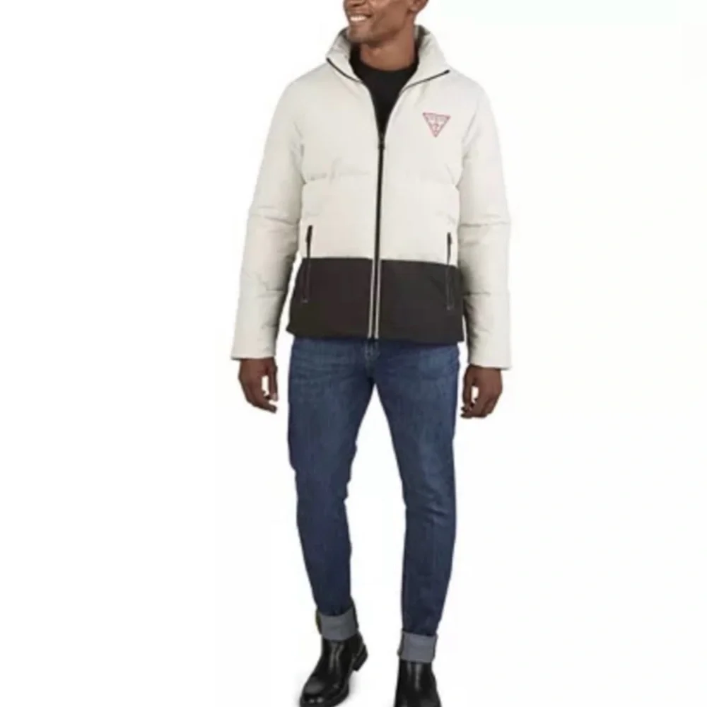 Guess | NWOT Men black and white Heavy-Weight Colorblock Puffer Jacket size L - Picture 2 of 11